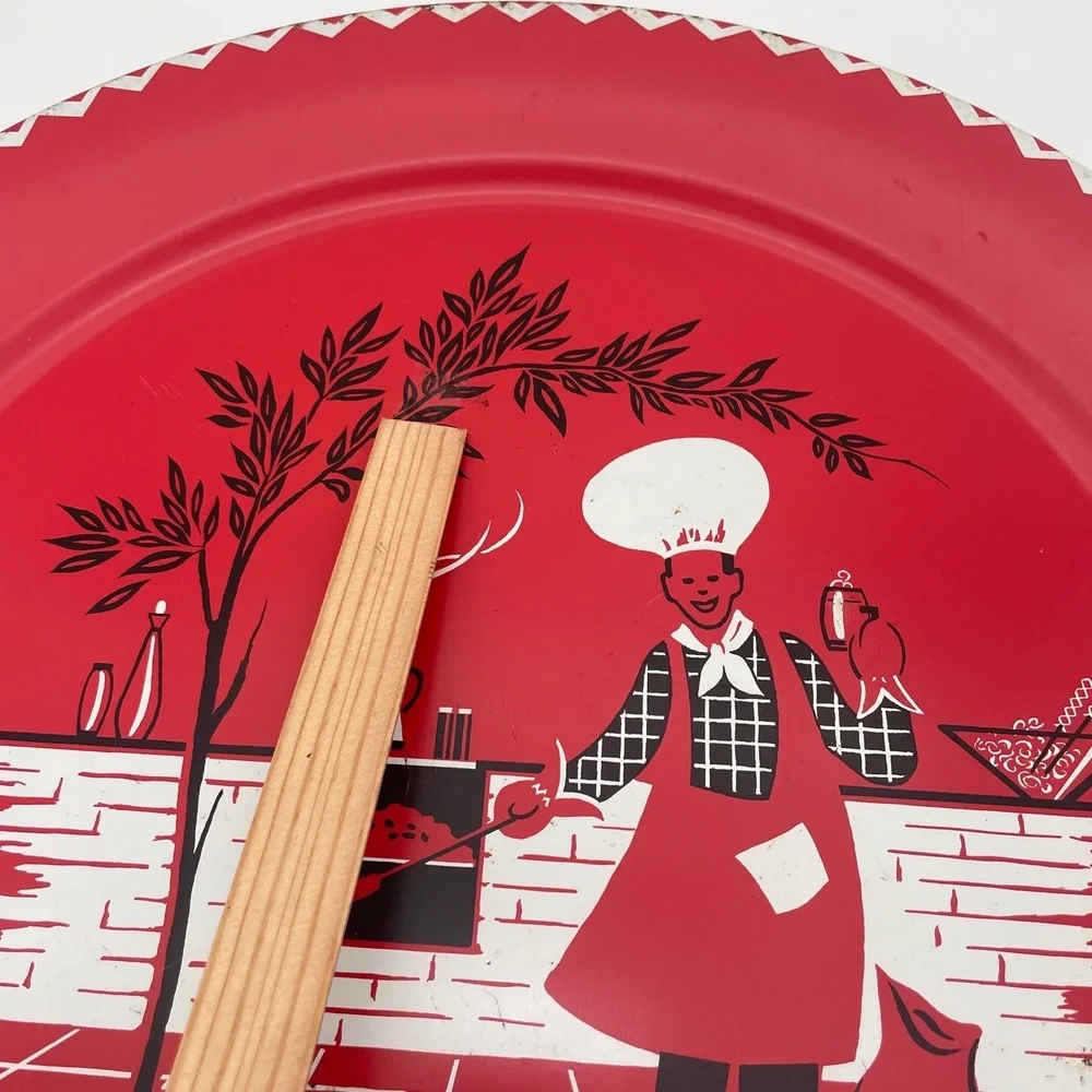 Stoyke BBQ Chef Red Round Metal Chef Pizza Pan Grill Vintage MCM‎ 1950s Tray